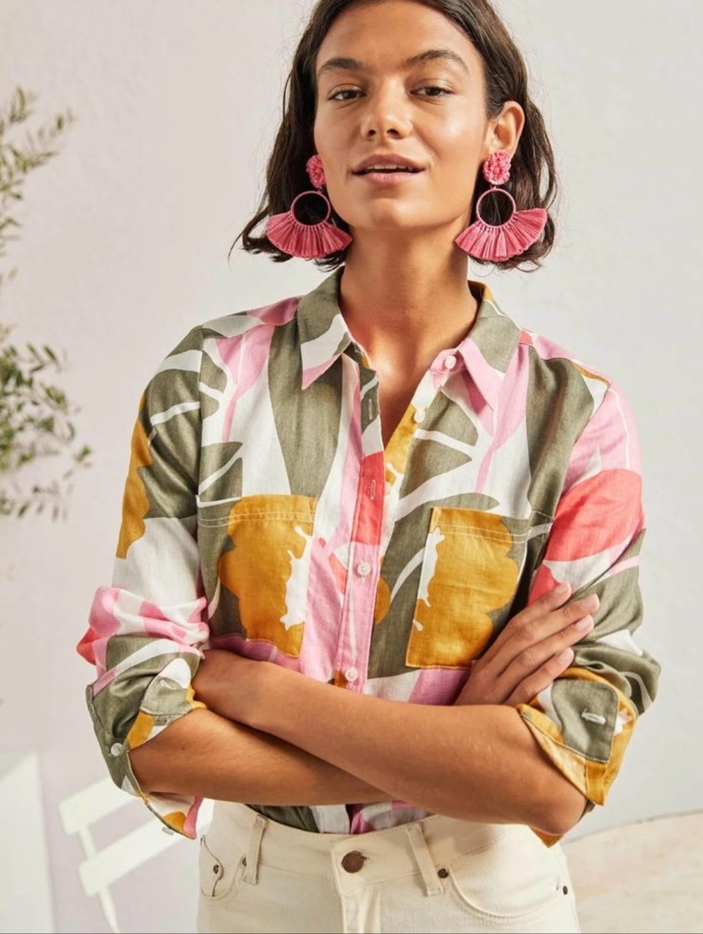 Boden Women's Pink & Olive Abstract Button-Up Linen Shirt Size 6P